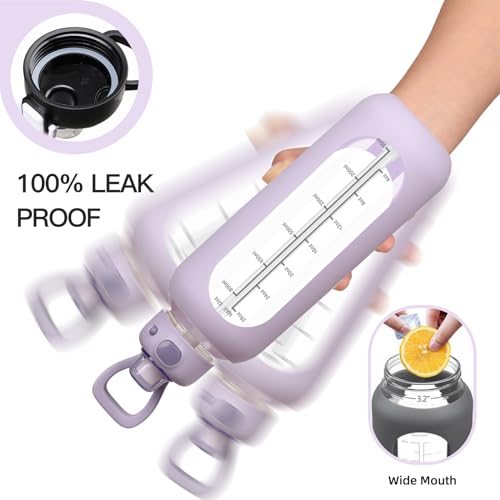 Sierozur 32 Glass Water Bottle With Straw And Handle Motivational Water Bottles With Silicone Sleeve And Time Marker Leakproof Borosilicate Water Bottle For Gym Home Office thumb #2
