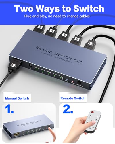 Image of HDMI Switch 4K 240Hz - New Upgrade 5 in 1 Out 8K@60Hz 4K@240Hz HDMI Switch with Remote Support 3D /HDR /HDCP2.3, Compatible with PS5 /4 Xbox Roku Apple TV Fire Stick 8k HDMI2.1 Switcher