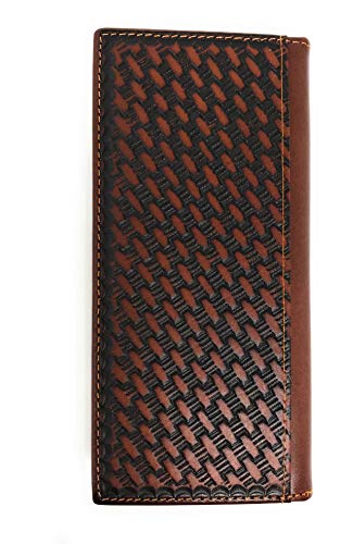 Texas West Western Men's Basketweave Genuine Leather Longhorn Long Cowhide Stud Bifold Wallet (coffee)2