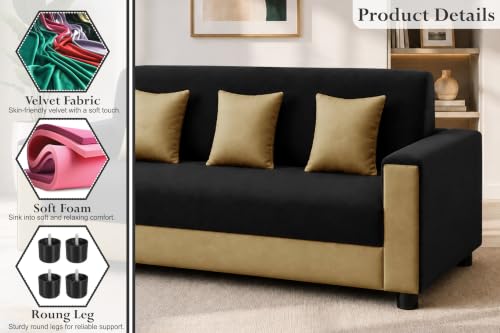 Image of 3 Seater Wooden Sofa | Velvet Fabric Couch with Cushions | Comfortable Living Room Sofa | Sturdy Wooden Frame | Home & Office Furniture | Black & Beige