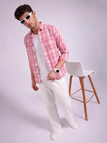 Image of Men's Casual Pink Plaid Button-Down Shirt - Pastel Pink & White, Lightweight Summer Checkered, Slim Fit Long Sleeve Casual Shirt