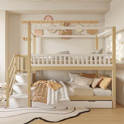 NNJN Litera para cama infantil, 90 x 200 cm, cama doble de madera maciza, forma de casa, diseño de rejilla de seguridad, con compartimento de almacenamiento y escalera de seguridad, con cama nido,