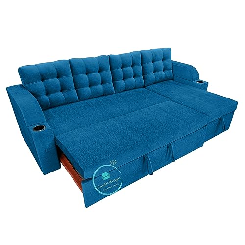 Image of Comfort Designs Nora Standard 5 to 6 Person Corner Sofa Cum Bed with Geometrical Right Hand Side Wood Sal Wood Frame Polyester Fabric (Blue)