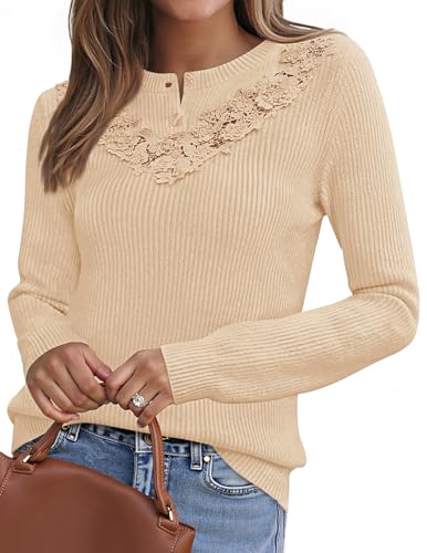 MEROKEETY Women's Sweaters 2025 Fall Trendy Lace Button Up Long Sleeve Casual Crewneck Winter Pullover Tops
