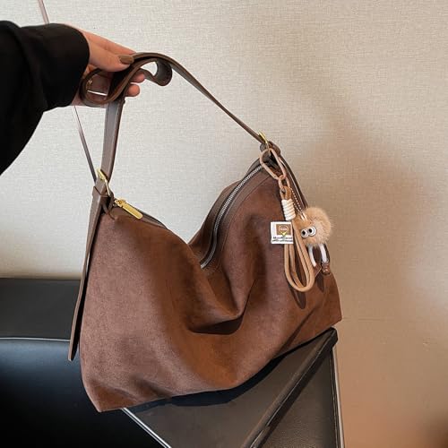 Suede Leather Versatile Handbag with Pendant Retro Underarm Bag Large Capacity Stylish Shoulder Bag Work Commute Shopping Par3