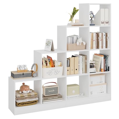Hzuaneri Bibliothèque à 10 Compartiments, Compartiments Ouverts, Étagère de Rangement à 4 Niveaux, Étagère Escalier, Panneaux Réglables,...