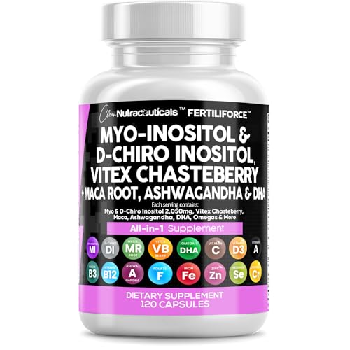 Clean Nutraceuticals Myo-Inositol & D-Chiro Inositol 2050mg Fertility Supplement 40:1 Ratio - Prenatal Vitamins for Women with Ashwagandha Maca Root Vitex Chasteberry Iron DHA Folic Acid DIM Zinc (1)