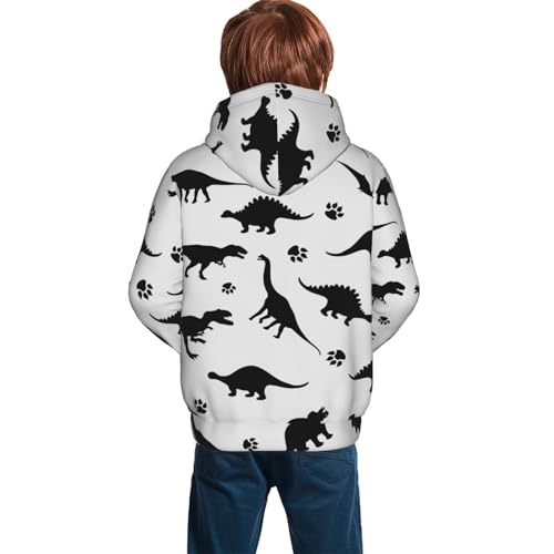 White Black Dinosaur Silhouettes Boy, Girls Sports Shirt Youth Pullover Fashion Hooded Sweatshirt2