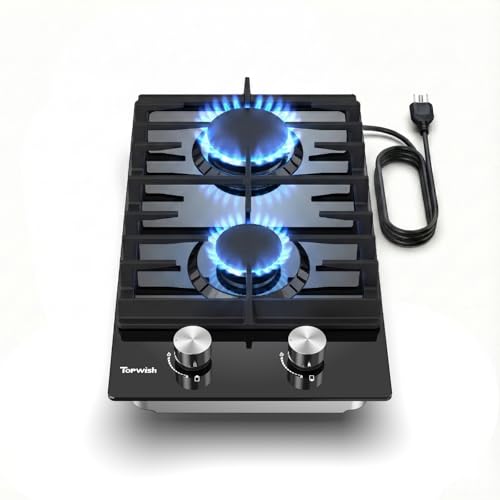 Image of TOPWISH 12 Inch Gas Cooktop 2 Burner, Propane Stove Top 18,000 BTU Black Tempered Glass LPG /NG Convertible Dual Fuel Built-in Natural Hob with Thermocouple Protection for Rvs Kitchens Apartment Indoor