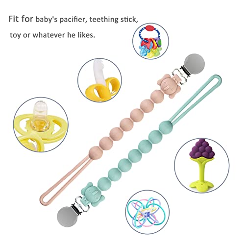 Image of 4Pcs Pacifier Clip, Silicone Pacifier Clip for Boys Girls, Flexible One-Piece Pacifier Holder Clip with Wooden Clips, Baby Shower and Birthday Gift