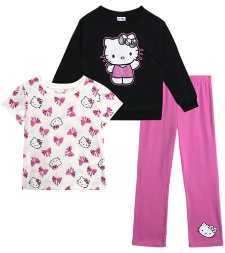 Hello Kitty Girls Leggings Set - 3 Piece Crewneck Sweatshirt, Graphic Tee Shirt, Flare Pants - Matching Set for Girls (2T-12), Size 12, Black/White/Crocus
