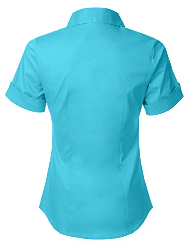 LE3NO Womens Short Sleeve Button Down Shirt With Stretch,L3nwt575a_aqua,X-Small - Thumbnail 3