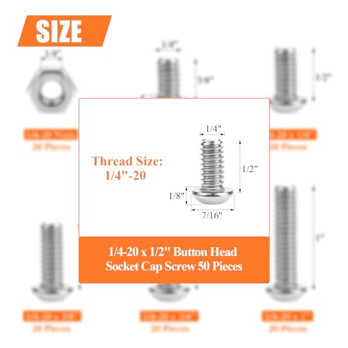 Image of 50 Pieces 1 /4-20 x 1 /2 inch Button Head Socket Cap Screws Bolts, HELIFOUNER 304 Stainless Steel (18-8) Screws, Bright Finish, Fully Threaded