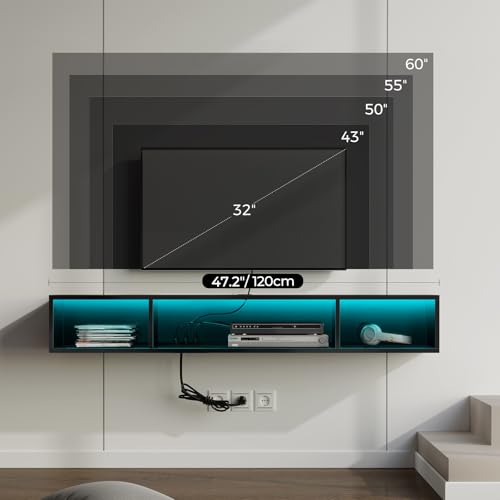 Image of Rolanstar TV Stand with Power Outlet, Floating TV Stand with RGB Lights, 55.1 inch Wall Mounted TV Shelf, Glossy Black Media Console with Storage Shelf, Entertainment Under TV for Living Room, Bedroom