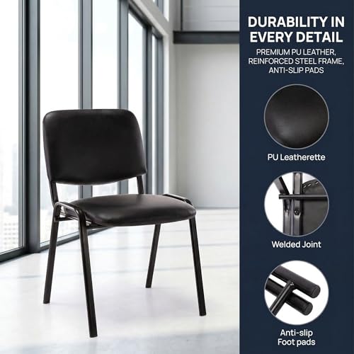 Image of HNY Black Waiting Room Stackable Chairs PU Leather Ergonomic Reception Chairs Set of 15 Conference Desk Guest Chair for Meeting Room, Office, Lobby, Events, Hall