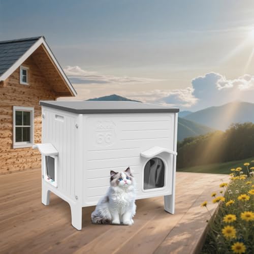Plastic Outdoor Cat House Weatherproof for Feral Cat, Elevated Cat Shelter with Escape Door, Easy Assemble, Expansive Interior White Large