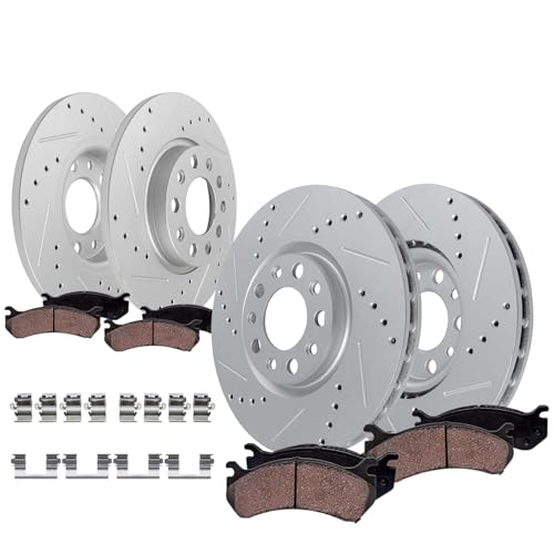 Image of Detroit Axle - 8pc Brake Kit for 2015-2017 Chrysler 200 | Drilled and Slotted Disc Brake Rotors Ceramic Brake Pads 2016 Replacement 12.99 inch inch Front and 10.95 inch inch Rear Rotor