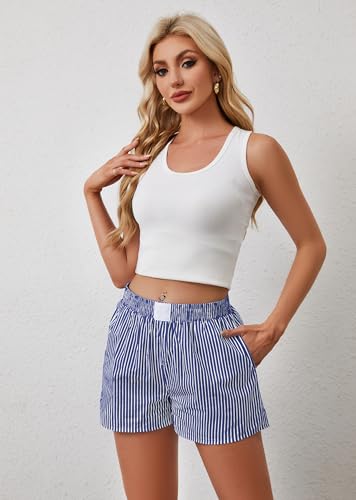 Image of Ythomm Womens Lounge Shorts Y2k Striped Print Elastic Waist Pajama Shorts Cute Boxers Bottoms With Pockets Comfy Sleepwear, X-Large, White-dark Blue