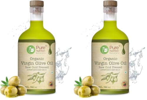 Image of PURE NUTRITION NATURAL TREASURES Organic Extra Virgin Olive Oil 750ml Glass Bottle - 100% Pure, Cold-Pressed In Glass Bottle|Ideal For Salad Dressings, Sauteing & Drizzling (Pack of 2)