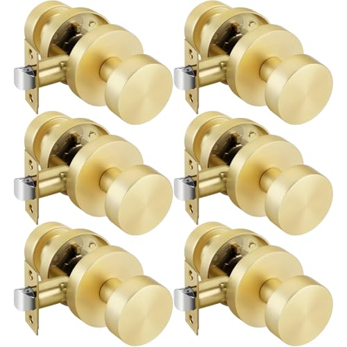 Image of Goldenwarm Gold Door Knobs Passage, Zinc Alloy Keyless Brushed Gold Door Knobs Interior for Hallway & Closet & Living Room, Non-Locking Function, Adjustable & Reversible (6 Pack)