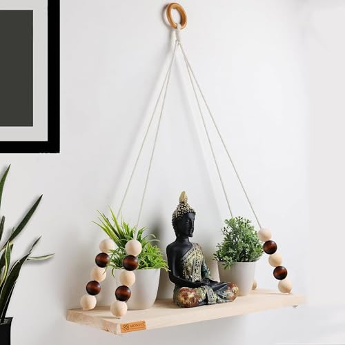 Image of Hanging Shelf with Magic Hook, Use Decor Plants, Books, Decorative Gift Items Nursery Livingroom Wooden Beads & Ring Woven Bohemian Chic for Dorm (Multicolor Beads, Medium)