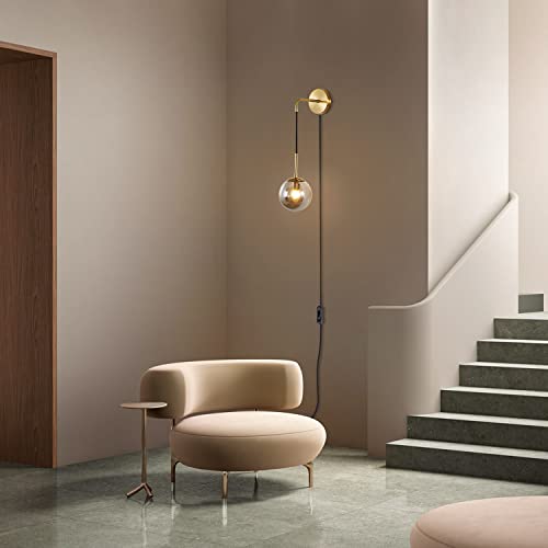 Image of KCO Modern Globe Wall Sconce with Plug in Industrial Vintage Wall Lamp On /Off Switch Adjustable Minimalist 1-Light Mounted Reading Lamps for Bedroom Living Room Corridor(Smoke Gray & 2-Pack)