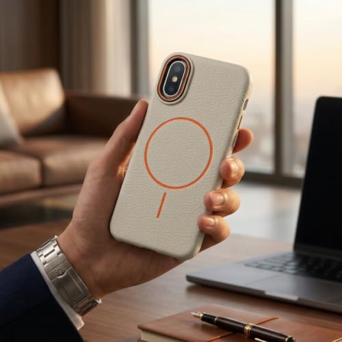 Image of amazon basics Luxury MagSafe Compatible Leather Texture Back Cover for iPhone X | Raised Camera Protection | Slim Fit Shockproof Case with Metallic Accents (White)