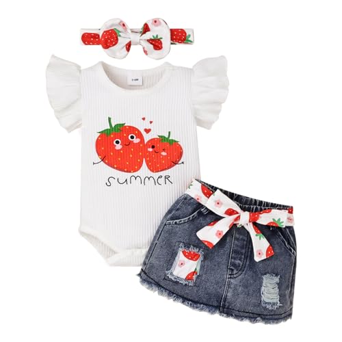 Image of DOMOABEI Baby Girl Clothes Newborn Cute Romper Dress Ruffle Short Sleeve Jeans Skirt with Headband Infant Outfits 0-18 Months