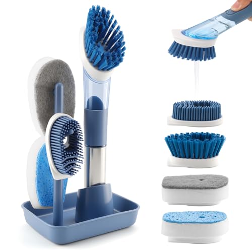 Zosenyer Befüllbare Spülbürste, Spülbürste mit Spülmittelspender, Reinigungsbürste Set mit 4 Bürste für Topf, Pfanne, Spüle Reinigung, 28.5 cm Langem Küchenbürste, mits Ablageboden, Blau