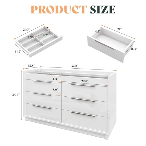 Image of AMERLIFE 47.2 inch W 8 Drawer Dresser with LED Light & Glass Top, Modern High Gloss Storage Chest with 2 Jewelry Drawers, Storage Organizer for Bedroom, White