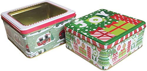 Christmas Cookie Tins With Lids For Gift Giving Empty Candy Treat Swap Containers Snack Exchange Boxes Ginger Snaps Cerebrate a Holiday Goodie Party Favors Box 2 Pack Rectangular Shape w/Green Ribbon