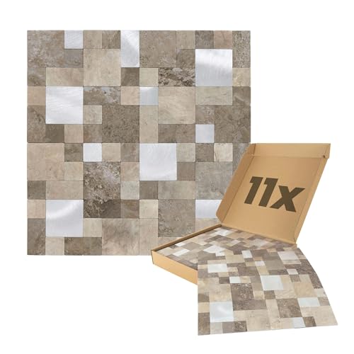 Dalsys Wandpaneele selbstklebend Steinoptik 1m², 11 Stück Sand Silber Wandverkleidung feuchtigskeitsbeständig, Premium Qualität für Bad und Küche, Quadrat Rechteck Form