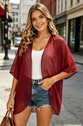 Image of FINOCEANS Womens Floral Chiffon Kimono Cardigans Loose Beach Cover Up Half Sleeve Tops