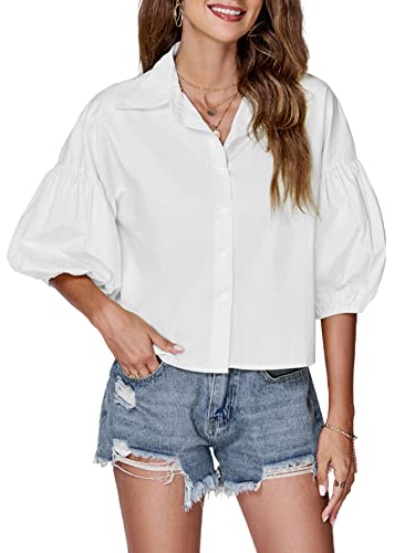 LYANER Women's Collar V Neck Button Down Lantern Short Sleeve Blouse Crop Top Shirt