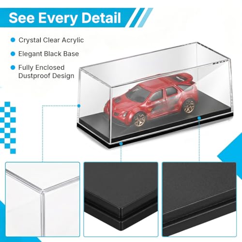 Image of HASTHIP 4-Pack Acrylic Display Cases for 1: 64 Scale Model Cars with Black Base Clear Dustproof Showcase Boxes for Hot Wheels, Matchbox & Diecast Racing Car Collectibles, Display Shelf, 106x46x46mm