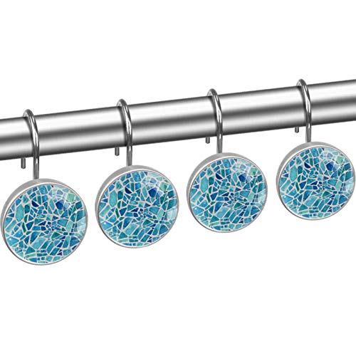 Watercolor Mosaic Blue Geometric Pattern Crystal Glass Shower Curtain Hooks Rings Decorative Bathroom Decor - Set Of 12 #TOP1