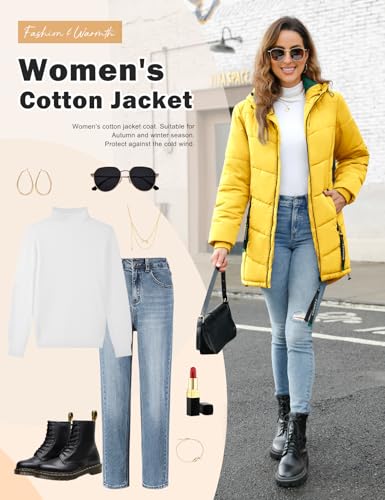 CMTOP Wintermantel Damen Warme Steppmantel Dicker Winterjacke Herbst Winter Steppjacke Parka Lang Reißverschluss Damen-mäntel Casual Winterparka mit Kapuze, Taschen(Gelb, XL)