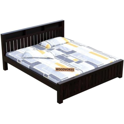 Image of Sheesham Wood Bed Without Storage Solid Wooden Cot Bed Elegant and Functional Bedroom Living Room Home (Plan Slate Design, Queen)