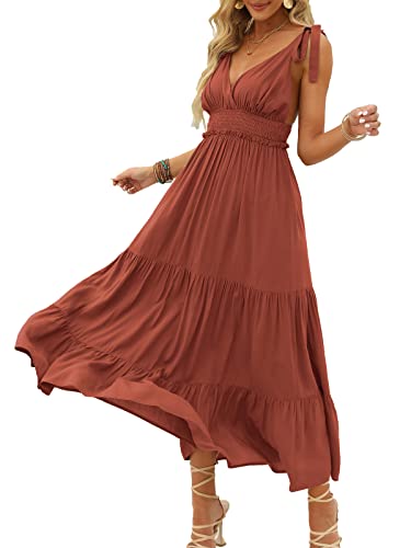 DEEP SELF Women's Summer V Neck Tie Strap Maxi Dress Halter Ruffle Hem Long Dresses Spaghetti Strap Long Flowy Dresses