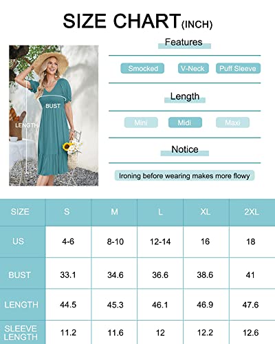 Pygfemr Women's Summer Empire Waist Dress Smocked Short Puff Sleeve V Neck Midi Dresses Sky Blue L #TOP5