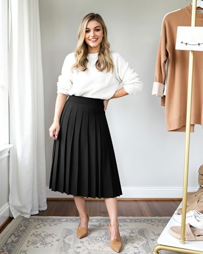 Pleated Skirts for Women with Pockets Elastic High Waisted Flowy Midi Skirt A-Line Fall Long Skirts Work Office4