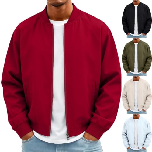 Bomber Jacket Men Zip Up Casual Lightweight Varsity Jackets | Zipper Pockets, Flight Jacket, Fall Spring Jacket, Baseball Collar, Long Sleeve, Full Zip, Work, Baggy, Wine Red - image 1
