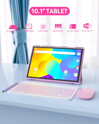 Image of 2 in 1 Tablet with Keyboard Case Mouse Stylus, 10 inch Tablet Android 14 Tablets PC, 6GB RAM+32GB ROM Support 1TB Expandable, 6000mAh Battery IPS 10.1 inch Tab 2MP+8MP Dual Camera WiFi-6 Bluetooth Tableta
