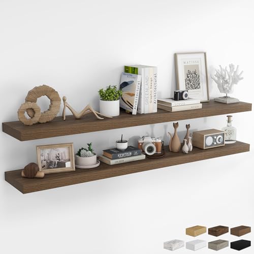 RICHFOCUS 72Inch Floating Shelves for Wall 2 Pack Shelves for Bedroom|Kitchen|Bathroom Wall Mounted Rustic Wood Floating Shelf with Invisible Brackets for Books|Storage|Decor Walnut