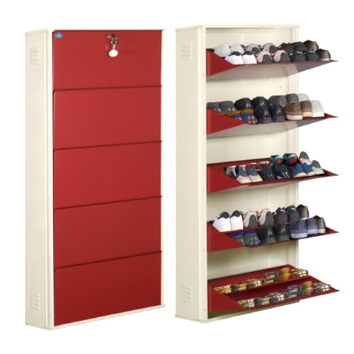 Image of DELITE KOM 29 inch Wide, 10 Shelf Metal Shoe Rack Wall Mounted for Home with Central Lock Holds Upto 36 Shoes or 60 Slippers Pair Double Decker, 1Yr Warranty, (67x29x8, Ivory Brick Red), DIY, Space Saver