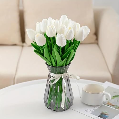 Image of 20Pcs Stems 13.5 Inch White PU Artificial Moisturizing Tulips, Faux White Tulips Flowers for Thanksgiving Christmas Decorations Wedding Home Table Vase Floral Arrangements