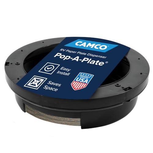 Camco Pop-A-Plate Plastic Plate Dispenser - Measures 10.2 Diameter x 2.6 Tall - Holds 9 Paper Plates - Ideal for Compact Spaces RVs and Trailers - Mounts Under Cabinets or Shelves - Black (57006)