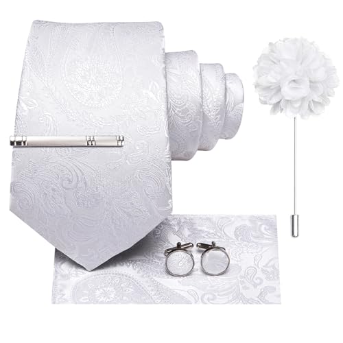 Image of Hi-Tie White Solid Ties for Men Floral Jacquard Necktie and Pocket Square Lapel Pin Silver Tie Clip Cufflinks Set Wedding Business 6PCS