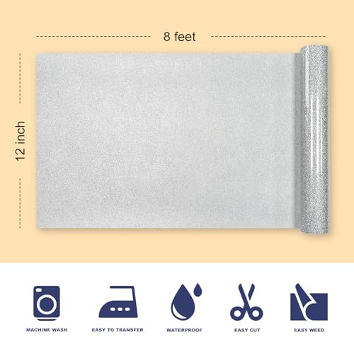 Image of Silver Glitter HTV Heat Transfer Vinyl, 12 inch x 8ft lron on Vinyl, for T-Shirt Ironing, Vinyl HTV Easy to Cut and Weed, The Best Choice for DIY Creativity