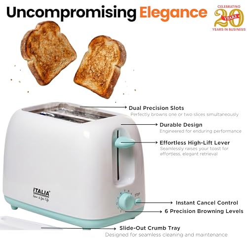 Image of ITALIA 2 Slice Pop-up Toaster | 750W Bread Toaster with 6 Browning Levels, Auto Pop-up, Anti-Jam Safety, Easy Clean, Compact Design - White & Mint